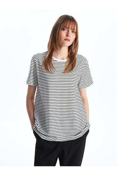 LC Waikiki Damski T-shirt w paski z okrągłym dekoltem – krótki rękaw