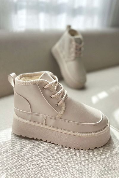 POLKA STORE Ultra Mini Platform Ματ Δερμάτινη Επένδυση Χονδρή Σόλα Μπεζ Γυμνό Εκρού Άνετα Γυναικείες Μπότες με κορδόνια