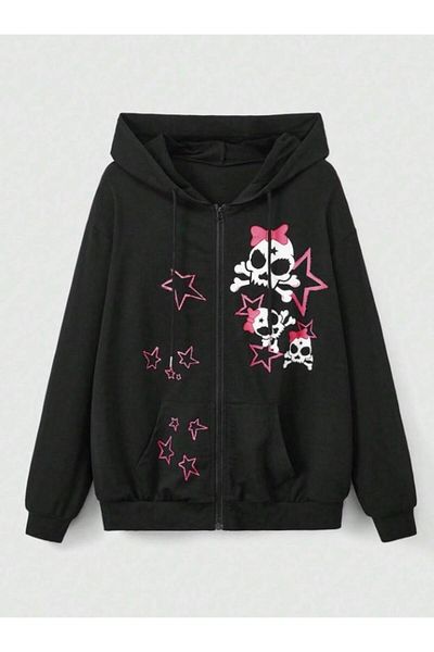Touz Moda Black Skull Punk Printed Unisex Oversize Hooded Cardigan