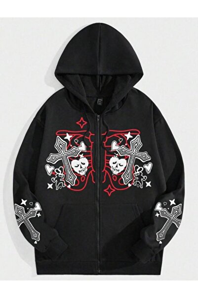 Toum Унісекс чорна оверсайз кофта з капюшоном - Küt Küt Cross Heart з принтом