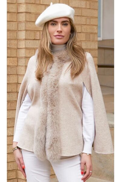 janbely Yün Ve Kürklü Kap Panço Pelerin