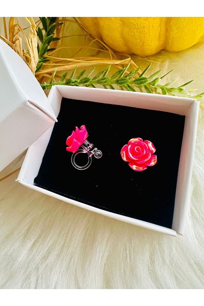 1PARÇAMAVİ Fuchsia Rose Pattern - Girl's Earrings with Transparent Clip, for Non-perforated Ears