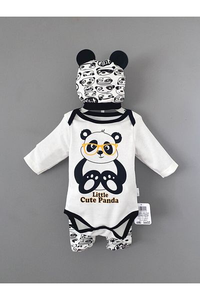 minibird baby Zancoworld 100% Cotton Minnoş Panda Printed 3-Piece Bodysuit Set/ Hat - Snap-On Badi - Bottom