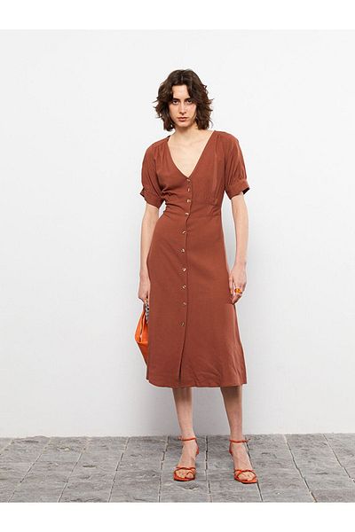 LC Waikiki Lcw Lässiges, schlichtes, kurzärmliges Leinenkleid für Damen