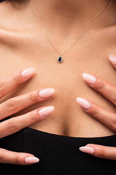 Altınaşkı Siyah Taşlı Damla Hayalet Altın Kolye