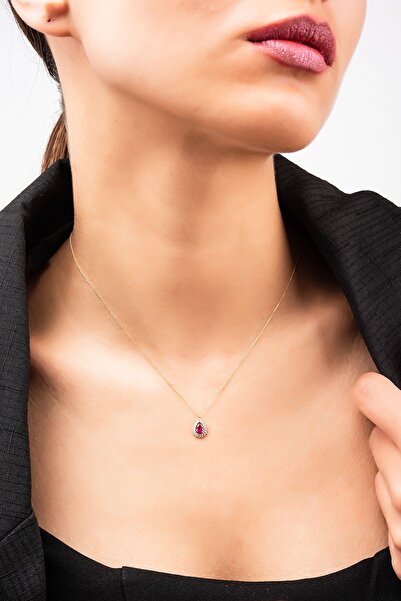 Altınaşkı Kırmızı Taşlı Damla Hayalet Altın Kolye