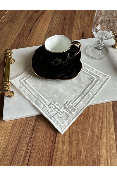 NURHAN HOME COLLECTION 2 Pieces Labyrinth Patterned Ecru Embroidered Square Cocktail Presentation Napkin