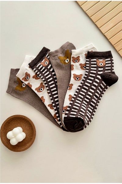 WORTHY SOCKS Комплект от 3 многоцветни дамски чорапи с мотив на прекрасно мече, 3 чифта