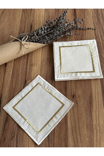 Nurhanhome 6 Κεντημένες τετράγωνες χαρτοπετσέτες για κοκτέιλ σε χρυσό και εκρού χρώμα