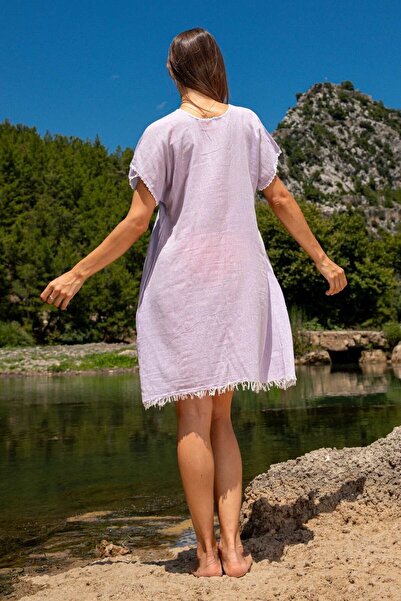 Dokubba Φόρεμα παραλίας με φαρδιά κοπή, 100% βαμβάκι, χειροποίητη κεντητική κεντητική φούντα, λεπτή και ειδική ύφανση