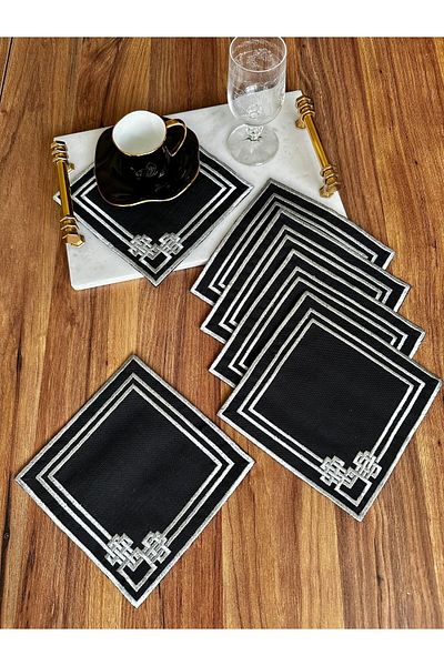Nurhanhome 6 Pieces Labyrinth Patterned Square Cocktail Presentation Napkin with Silver Embroidery on Black Linen Fabric