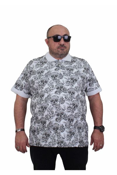 MocGrande Tricou pentru bărbați cu gât polo de mărime mare - Skull 24454 ALB