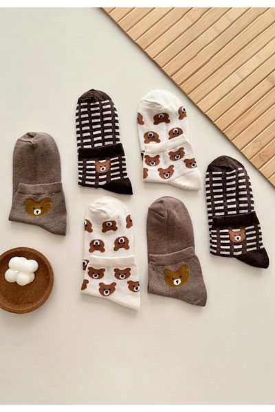 WORTHY SOCKS Комплект от 3 многоцветни дамски чорапи с мотив на прекрасно мече, 3 чифта