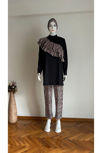 GİZGİYİM Large Size Leopard 3 Piece Hijab Swimsuit Set