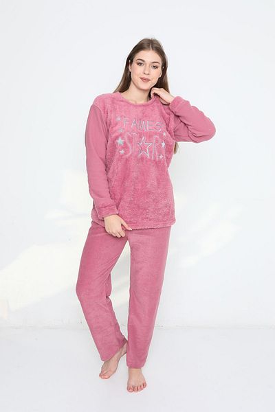 FAMES PİJAMA Pink Fames Star Wellsoft Fabric Long Sleeve Winter Women's Pajama Set