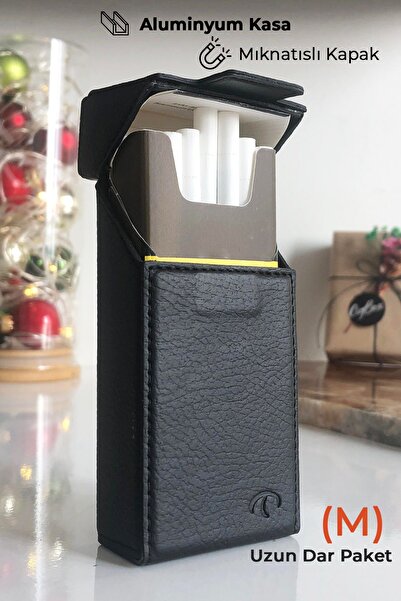 CIGBOXTR Sigara Kutusu Deri - (M) Uzun İnce Dar Paket -  Aluminyum Kasa- Mıknatıslı Kapak