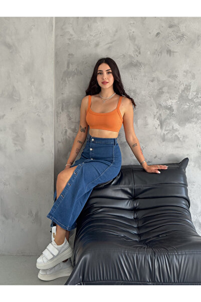 OXEDCO Fustă de damă, cu nasturi în față, lungime maxi, albastru închis din lycra din denim