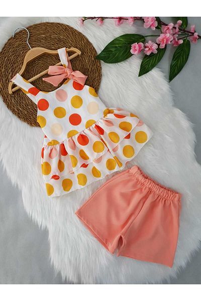 aden kids Girl's Crepe Dress and Salmon Shorts Set - Polka Dot