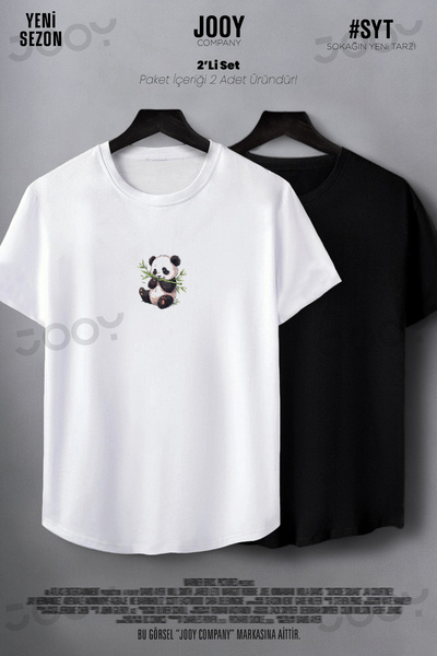 Jooy Company Bambu Panda Baskılı Siyah Beyaz Oval Kesim Slim Fit Tshirt 2'li Set