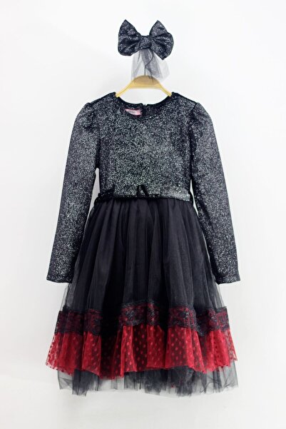 Asortik Kids فستان بناتي من قماش التول المخملي مع إبزيم بطول الركبة