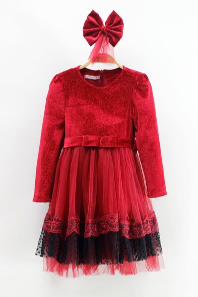 Asortik Kids Girl's Velvet Fabric Tulle Detailed Knee Length Buckle Dress