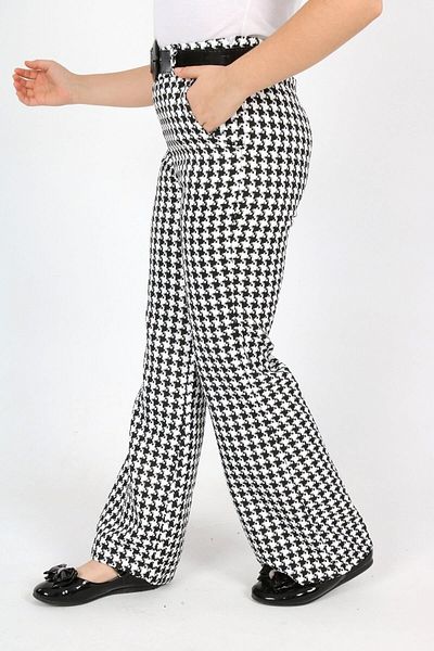 Asortix Girl's Flared Leg High Waist Belted Houndstooth Patterned Fabric Trousers