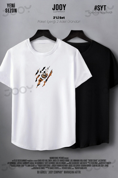 Jooy Company Tiger Claw Printed Black and White Oval Cut Slim Fit Tshirt Set ...