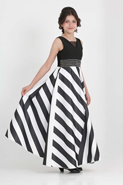 Asortix Kız Çocuk Uzun Abiye Elbise Tafta Kumaş Zebra Desenli Özel Gün/Gece E...