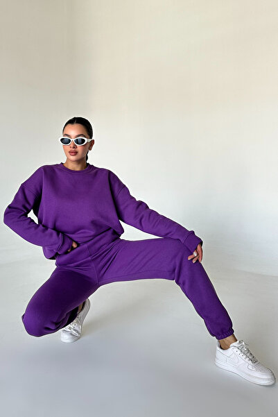 MODAGEN Unisex Mor Bisiklet Yaka Düz Oversize Alt-Üst Eşofman Takımı