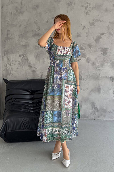 Neşeli Butik NBQ002 - Rochie de vară din viscoză pentru femei cu imprimeu cu gât pătrat