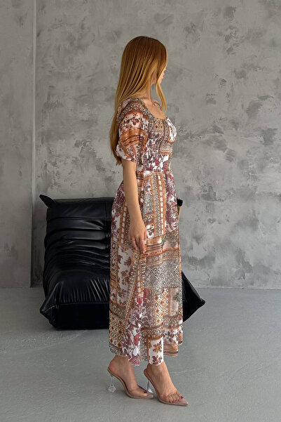 Neşeli Butik NBQ002 - Γυναικείο καλοκαιρινό φόρεμα βισκόζης με τετράγωνο γιακά