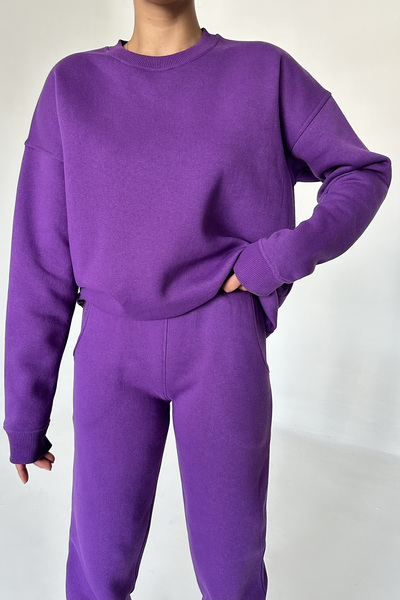 MODAGEN Unisex Mor Bisiklet Yaka Düz Oversize Alt-Üst Eşofman Takımı