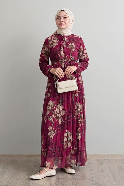 InStyle Fuchsia Serena Flower Patterned Pleated Chiffon Dress