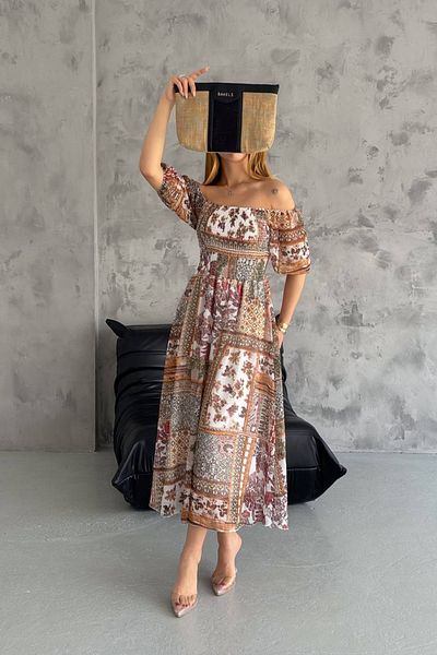 Neşeli Butik NBQ002 - Γυναικείο καλοκαιρινό φόρεμα βισκόζης με τετράγωνο γιακά