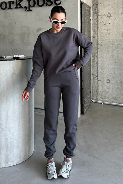 MODAGEN Antrasit Bisiklet Yaka Düz Oversize Alt-Üst Eşofman Takımı