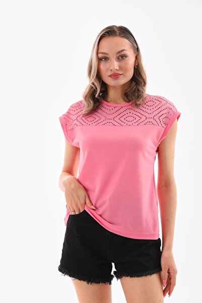 DEVRİMAY TEKSTİL Kadın Dantelli Bisiklet Yaka Bluz Pembe