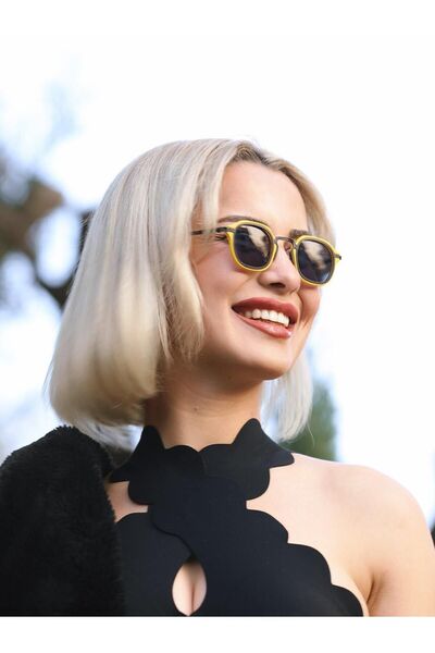 Angel Eyes Square Design Yellow Frame Black Glass Women's Sunglasses