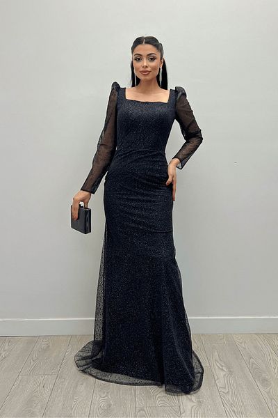 giyimmasalı Glittery Tulle Fabric Square Collar Fish Dress - BLACK