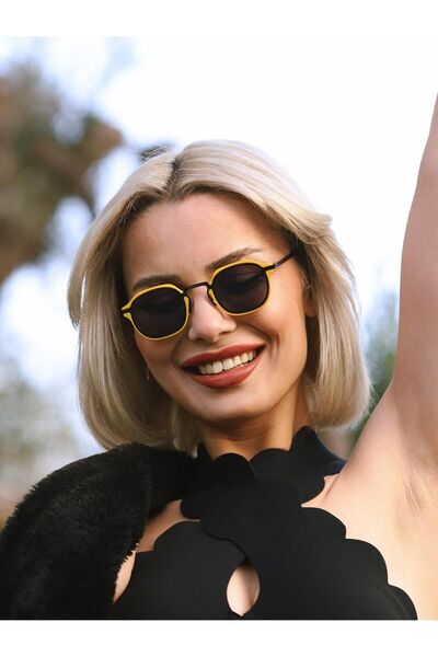 Angel Eyes Square Design Yellow Frame Black Glass Women's Sunglasses