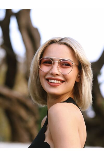 Angel Eyes نظارة شمسية نسائية تصميم دائري إطار ذهبي زجاج وردي