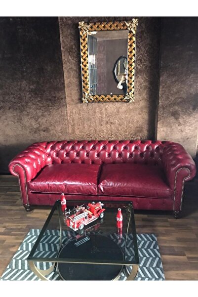 3A Mobilya Premium Red Hakiki Deri Chesterfield