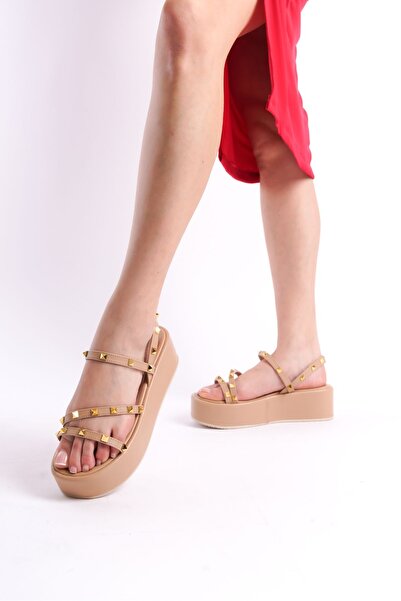 ZİESCE Women's Nude Cross-Strapped Gold Trock Flat Wedge Sandals Shoes