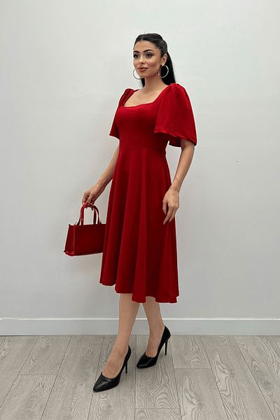 giyimmasalı Crepe Fabric Square Collar Midiboy Evening Dress - RED