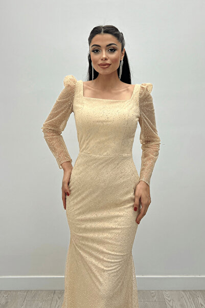 giyimmasalı Simli Tül Kumaş Kare Yaka Balık Elbise - BEJ