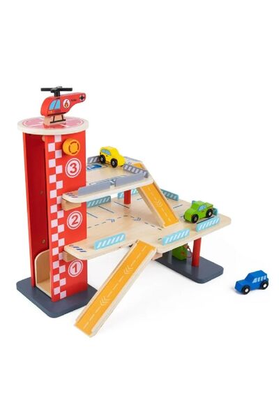 Genel Markalar Ahşap Otopark Arabalar Asansörlü Helikopterli Garaj Oyun Seti