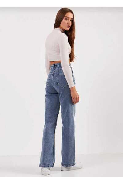 Trn JNS Dustin Medium - Μπλε Lycra Super High Waist Loose Denim Palazzo Παντελόνι