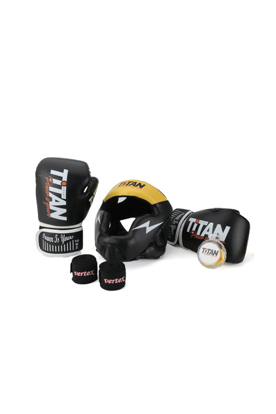 Titan Sport Siyah Sarı Serisi Özel Takım Set , Boks Kaskı, Boks Eldiveni, Dişlik, Bandaj