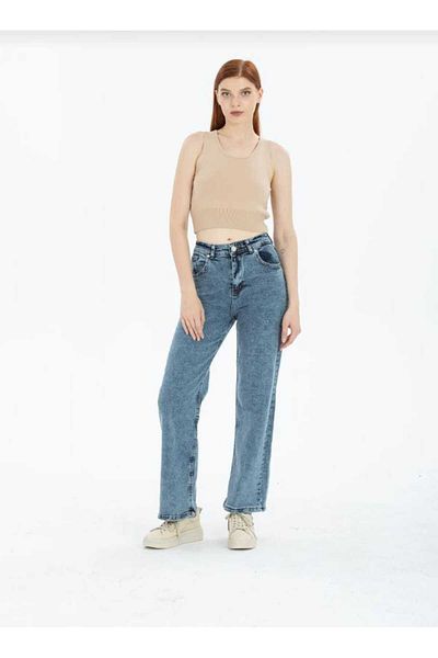 Trn JNS Cyrus Medium - Μπλε Lycra Snow Wash, Super ψηλόμεσο φαρδύ τζιν παντελόνι Palazzo
