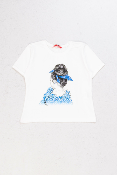 wakawakakidsstore Tricou pentru fetiță cu decolteu rotund cu imprimeu Silhouette - alb/albastru