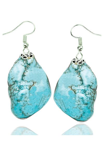 Tesbih Atölyesi Natural Turquoise Stone Certified Necklace and Earring Set - Raw Embroidered (Turquoise Stone)